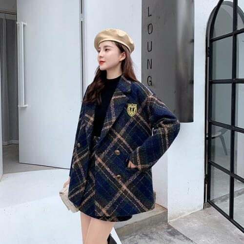 Korean Chic Cashmere Plaid Two Piece Set Women Thicken Warm Turn Down Collar Blazer Jacket Tweed Skirts Suit Female Atumn Winter