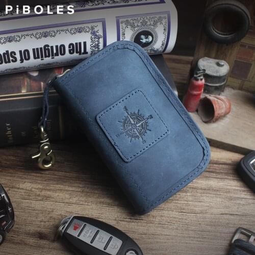 Card Pouch Keychain Men Women Genuine Leather Organizer Purse Retro Crazy Horse Split Card Key Bag Wallet Housekeeper Key Case