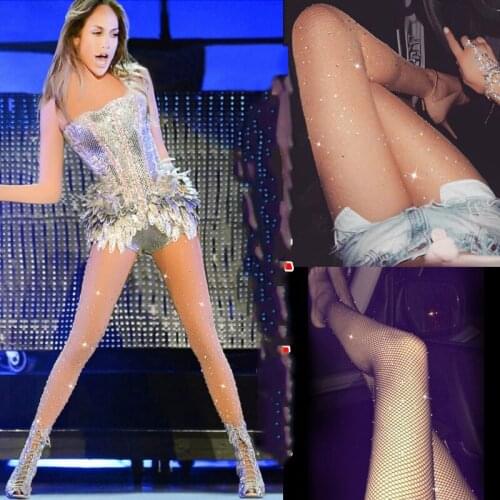 New Jazz Dance Costumes Shiny Diamonds Stockings Sexy Fishnet Socks Nightclub Female Singer Dance Accessories Rave Outfit DN1959