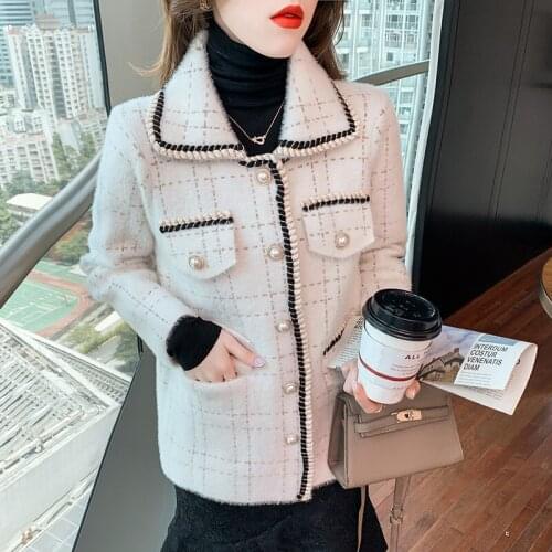 Autumn Winter New Women Tweed Single-Breasted Jacket Korean Fashion Elegant Plaid Long Sleeve Woolen Short Coat Casaco Feminino