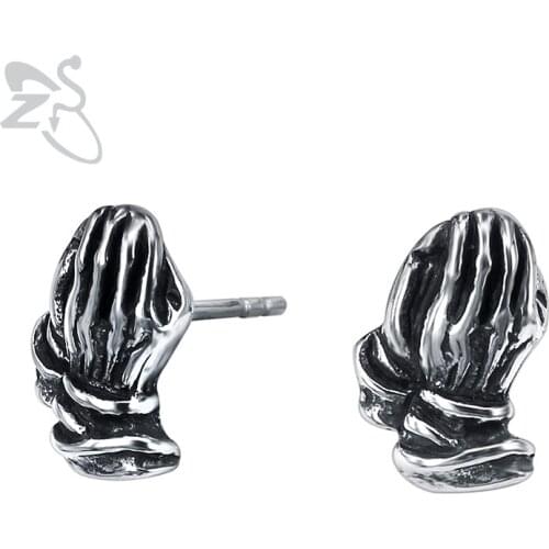 ZS Small Hip Hop Stud Earrings Pray Hands Stainless Steel Jewelry Punk Style Earing for Men Women Biker Accessories Gifts 1 Pair