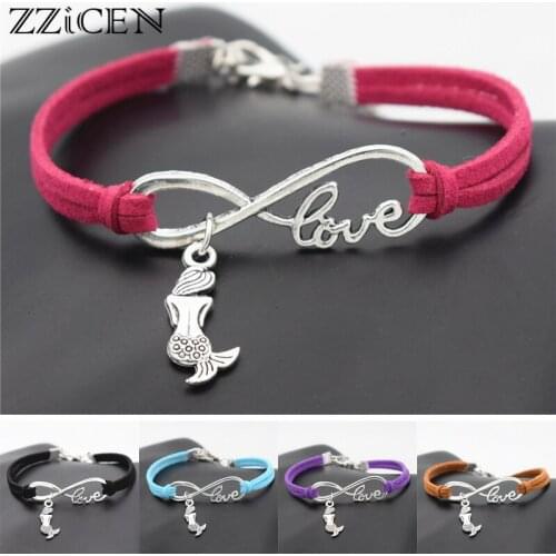 Fashion Elegant Antique Little Mermaid Charm Infinity Love Leather Bracelets for Women Party Gifts Unique Mermaid Jewelry