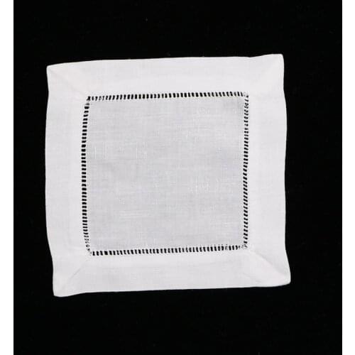N002-6/4 : 120 Pieces White Linen Cotton Hemstitch Cocktail Napkins 6" X 6"/ 4" X 4" Ladder Hem Stitch Cloth Coasters