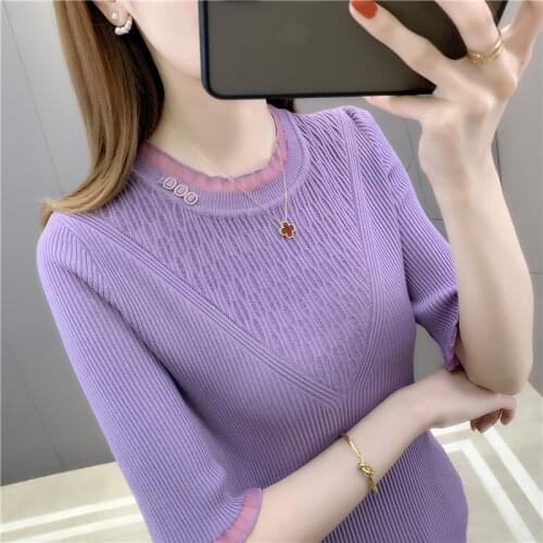 Room 197986 3 row 3 No.3 middle] real shot solid LACE SHORT SLEEVE Pullover Sweater 32