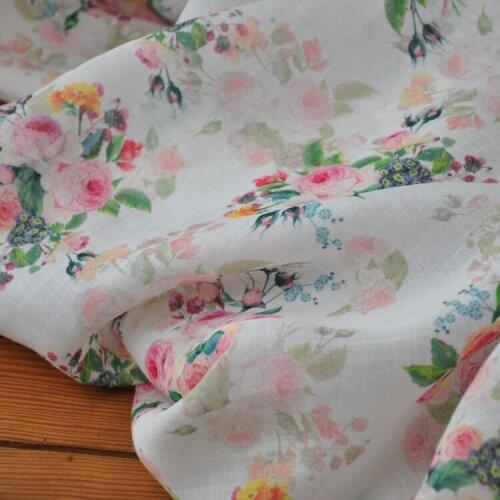 New natural ramie tissu Rose printing fabric High grade dress cheongsam material