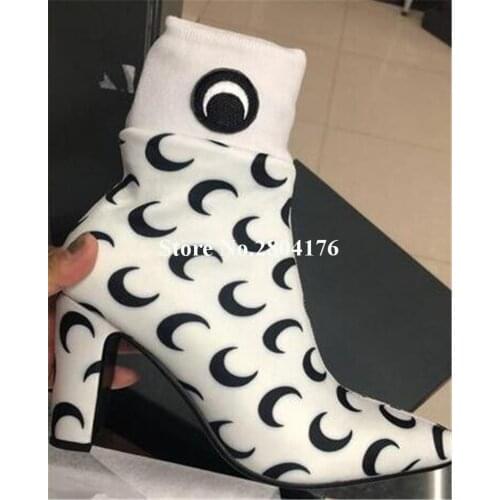 Newest Fashion Pointed Toe Knitted Moon Printed Chinky Heel Socks Short Boots White Beige Elastic High Heel Ankle Booties