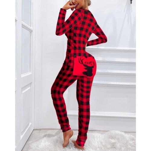 2021 Autumn Christmas Graphic Plaid Print Functional Buttoned Flap Adults Pajamas Womens Clothes Long Sleeve Female Jumpsuits