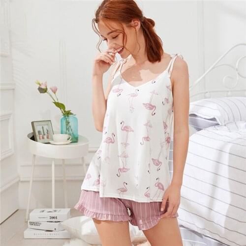 Summer Print Pajama Sets for Women Cotton Sleepwear Girls Sleeveless Sexy Lingerie Strap Sleeveless Frill Women Pink Nightwear