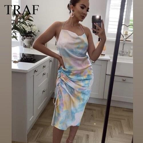 TRAF ZA Womens Clothing Dresses Summer Tie Dye Spaghetti Strap Dress Woman Backless Slip Midi Dress Beach Style Casual Sundress