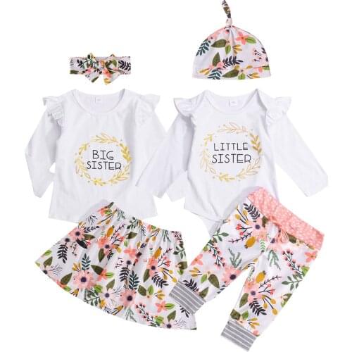 Baby Girl Sister Matching Outfits, Little Sister Romper Big Sister Tops + Floral Pants Skirt + Cap Headband Set
