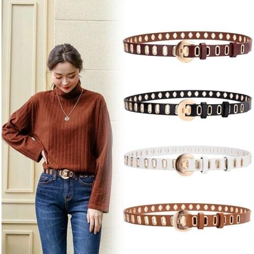 Fashion Black White Women Waist Belt Grommet Eyelet Hollow PU Leather Belts Strap Female Slim Waistband Female Ladies