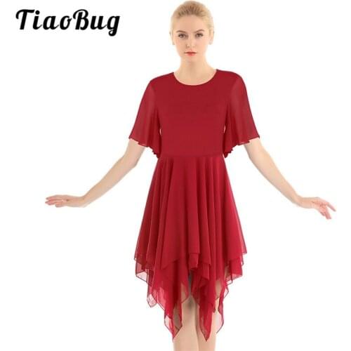 TiaoBug Elegant Asymmetrical Chiffon Solid Color Leotard Women Figure Skating Ballet Dress Contemporary Lyrical Dance Costumes
