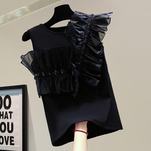 Top Women Beads Ruffled Sleeveless T-Shirts for Women 2021 Summer Korean Style Slim Sequins Solid Color Casual Stretch Tees