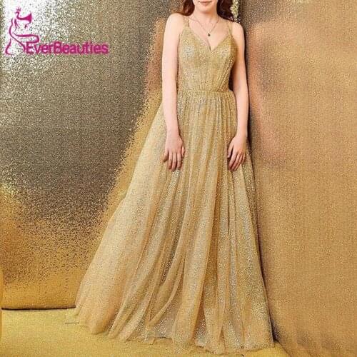 Formal Dresses Sequins Long Evening Dresses 2020 Spaghetti Straps A-line Abiye Gece Elbisesi V-Neck Robe De Soiree