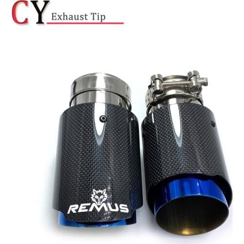 1Piece Car Exhaust Tail Pipe Glossy Carbon Tail End Blue Stainless Steel Straight Muffler Tip Flange With Remus Logo For Any Car