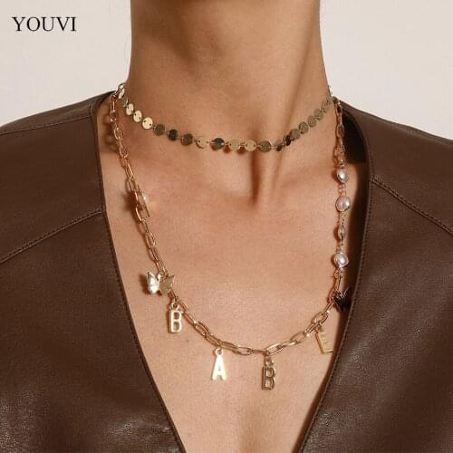 YOUVI Newest Fashion Jewelry Accessories Gold Color Multiple Layers Sheet Chain Necklace for Women BABE Letter Pedant Necklace