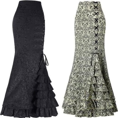 Women Fashion Punk Style Retro Jacquard Mermaid Skirt Halloween Gothic Victorian Steampunk Long Bodycon Ruffle Fishtail Tiered