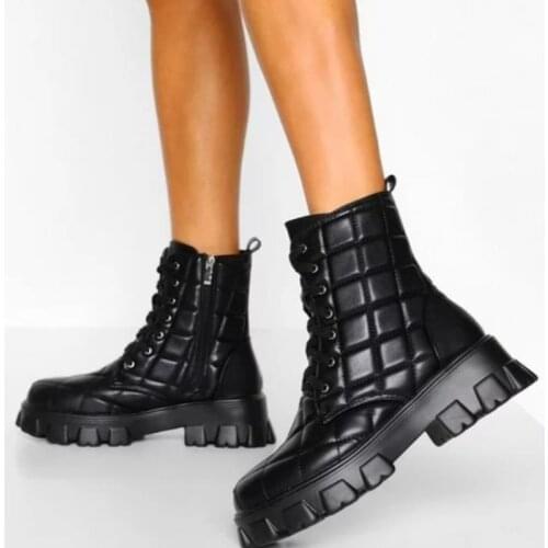 Women Boots Black High Heels Ankle Boots Female High Quality Waterproof Zipper Boots Winter Black Plaid Non-Slip Footwear