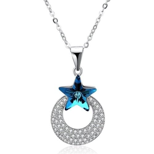Women 925 Sterling Silver Necklaces Blue Crystal Star Pendant Zircon Moon S925 for Necklaces Lady Charm Party Wears Fine Jewelry