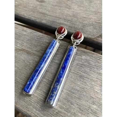 Vintage Natural Blue Stone Earrings for Women Tribal Jewelry Inlaid Maroon Beads Long Rod Bar Vertical Earrings Brinco