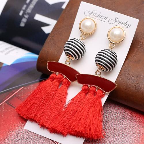 JOUVAL Fashion Tassel Earrings for Women Simulated Pearl Vintage Stripe Cotton Jewelry Big Statement Drop Earrings Female Brinco