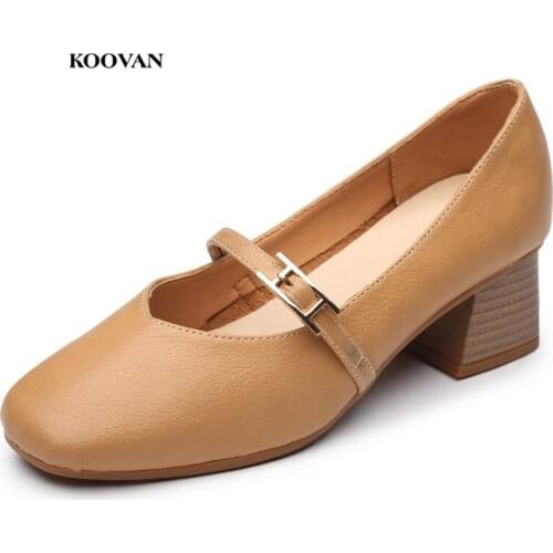 Koovan Womens Heel Shoes Square Head Retro Mothers Shoes Female 2018 Spring New High-heeled Peas Pumps For Women Footwear