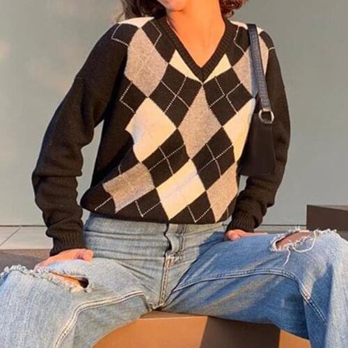 Women Plaid Argyle Sweater V Neck Long Sleeve Autumn Winter Knitwear Female Korean Fashion Pullover Winter