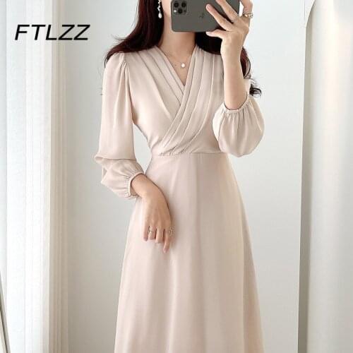 New Women Office Elegant Dress Spring Autumn V-neck Sexy Folds Vintage A Line Dresses Ladies French Puff Sleeve Chiffon Dress