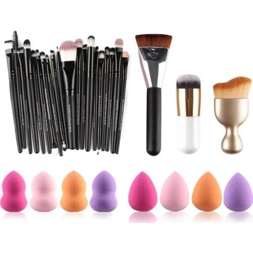 20 Pcs Makeup Brushes Set + 8 Pcs Makeup Sponges + S-Shape Blush Brush + Foundation Brush + Contour Brush
