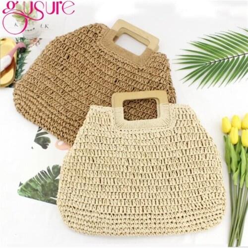 Gusure Fashion Rope paper Weaving Straw Bag Girls Knited Handbags with wood top handle Women Casual Totes Beach Big Capacity