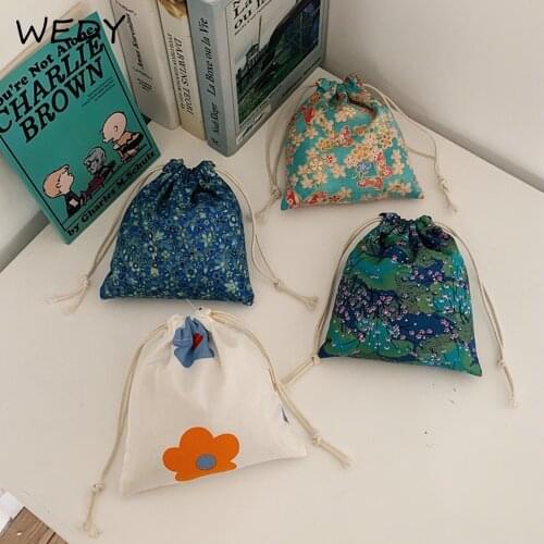 Cotton Linen Drawstring Bag Travel Cosmetics Organizing Storage Bag Floral Drawstring Pouch Christmas Gift Jewelry Keys Packing