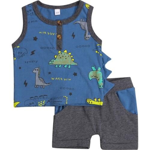 New 2 Pieces Kids Suit Set, Summer Cartoon Dinosaur Print Round Neck Vest+ Shorts with Pockets for Toddler