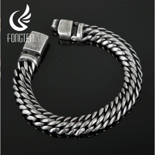 Fongten Men Steel Color Chain Series Darkness Jewelry Carving Shiny Simple Design Fashion Retro Punk Bracelet Handicraft Style
