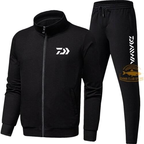 DAIWA Mens Outdoor Fishing Stand Collar Leisure Set 2020 Spring and Autumn Fashion Black Sports Suit Fishing Jacket Pants Suit