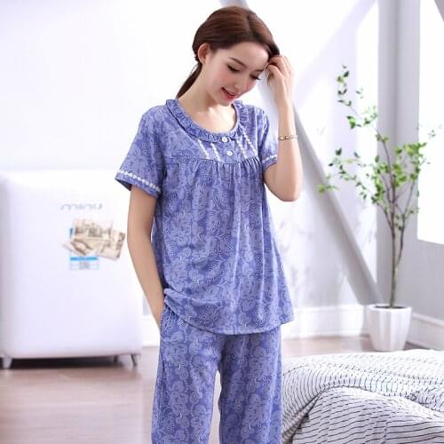 Women Flower Printing Nightdress Females short sleeve Summer Sleepwear Girls O-neck Fashion Casual Nightwear 2PC peignoir femme