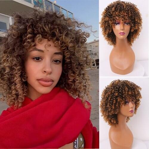 Short Curly Hair Afro Kinky Wigs With Bangs For Black Women Soft Natural Heat Resistant Fiber Wig Synthetic Cosplay Wigs