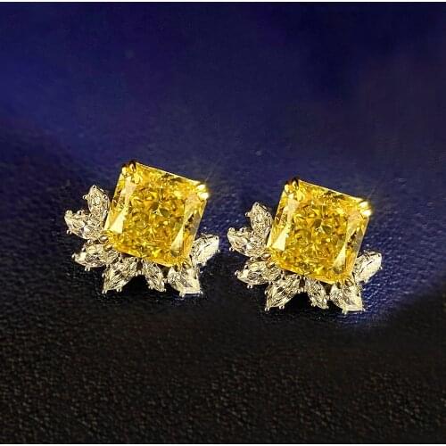 S925 Sterling Silver Flower Square 10*10MM Radiant Cut High Carbon Simulation Yellow Diamond Earrings Fashion Production Gift
