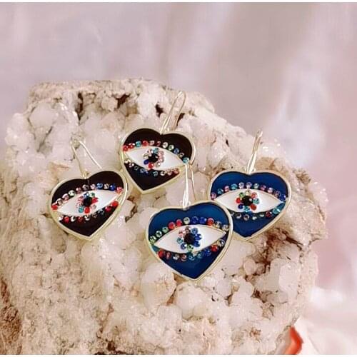 2021 New Arrival Colorful Rhinestone White Eye Enamel Heart Drop Earrings For Women Girls Fashion Ear Jewelry Eyes Brincos
