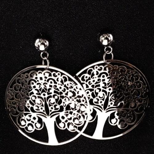 Stainless Steel Tree of Life Earrings for Women Silver Color Earrings Jewelry pendientes mujer moda E1507S04