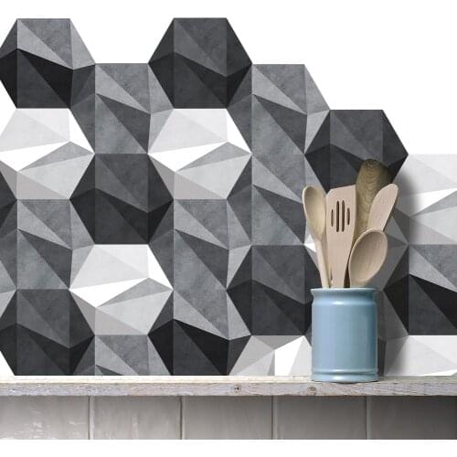 10 Pcs Hexagon Abstract Floor Sticker Anti-Slip Tile Decals Black White Gray Waterproof Self-adhesive Wall Sticker for Bathroom