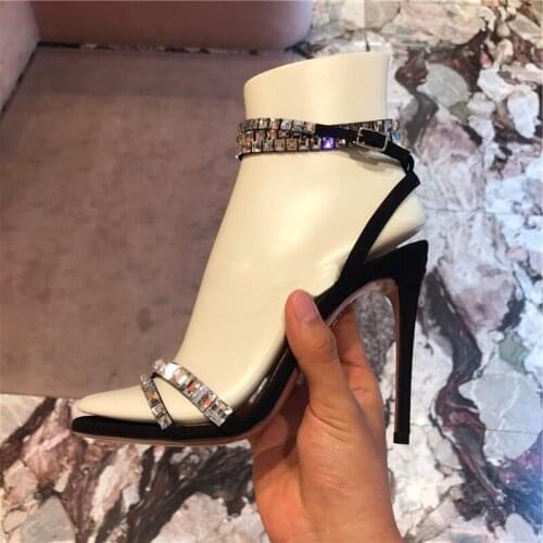 Luxury Bling Bling Crystal High Heel Sandals Black Beige Suede Ankle Wrap Gladiator Heels Dress Shoes Cut-out Banquet Shoes