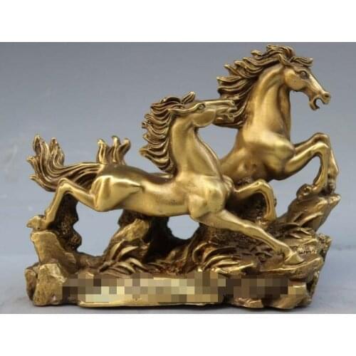 9" Chinese Zodiac Animal Brass Copper Double Run Horse Equine Fengshui Sculpture