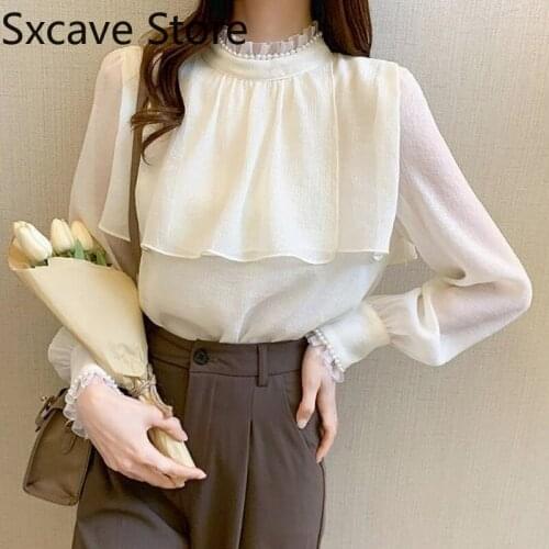 2021 Autumn Turtleneck Long Sleeve Chiffon Shirts Female Ruffles Pure Color Elegant Blouse Office Lady Korean Style Y2k Crop Top