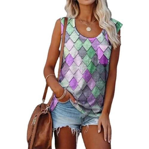 Women 2021 Summer Geometry Vest New Style with Pocket Street Style New Sleeveless Ladies Tops Round Neck Slim Women Clothing D30