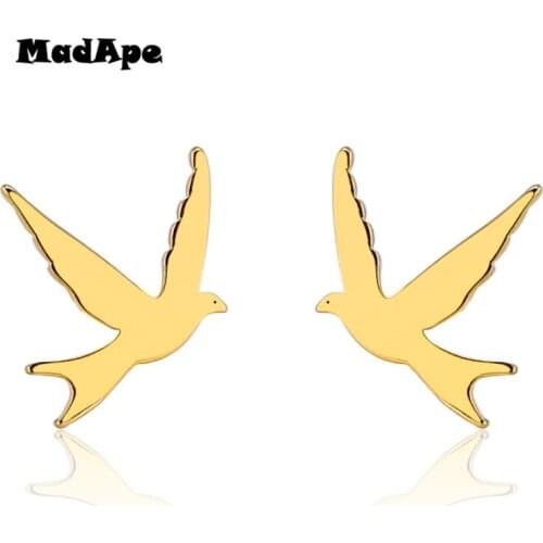 MadApe 2019 Fashion Stainless Steel Bird Earrings Gold-color Small Stud Earrings For Women Black Color Earrings Ear aretes