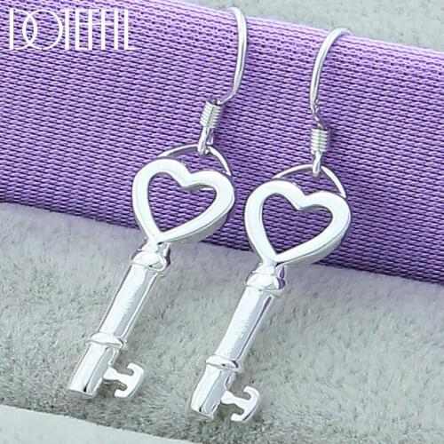 DOTEFFIL 925 Sterling Silver Heart Key Drop Earrings For Woman Wedding Engagement Fashion Party Charm Jewelry