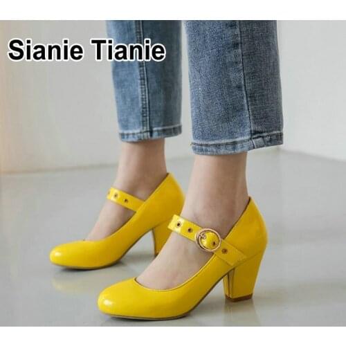Sianie Tianie 2020 spring summer new patent leather pu womens shoes yellow green party dance bridal pumps mary janes high heels