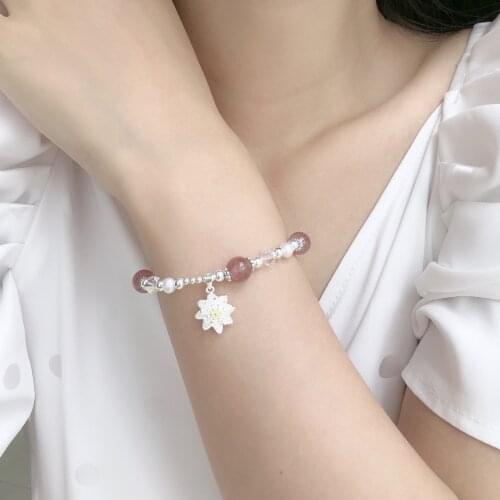 JQueen S925 Sterling Silver Strawberry Crystal Lotus Bracelet Womens Handmade Elastic Rope Pearl Crystal Bracelet