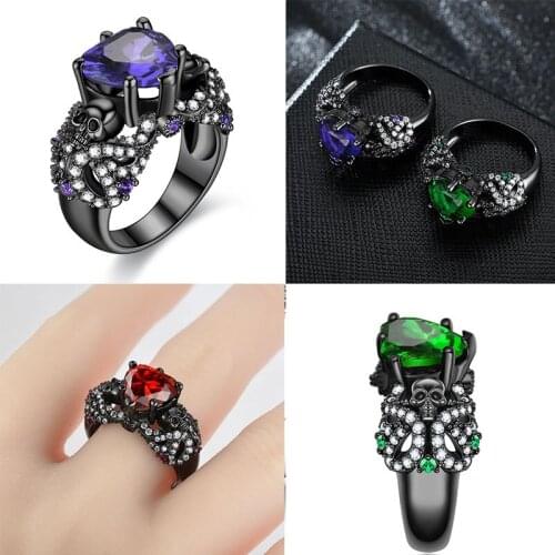 Punk Heart-Shape Zircon Crystal Black Gold Color Skull Ring For Women Valentines Day Jewelry Gift Dropshipping