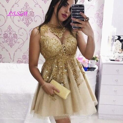 Golden Lace Mini Homecoming Dresses 2020 Short Tulle Prom Dress High Neck Appliqued Cocktail Party Gowns Custom Made